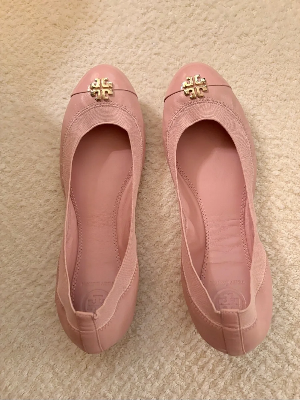 Tory Burch Blush Pink Leather Ballet Flats with Gold Logo Accent